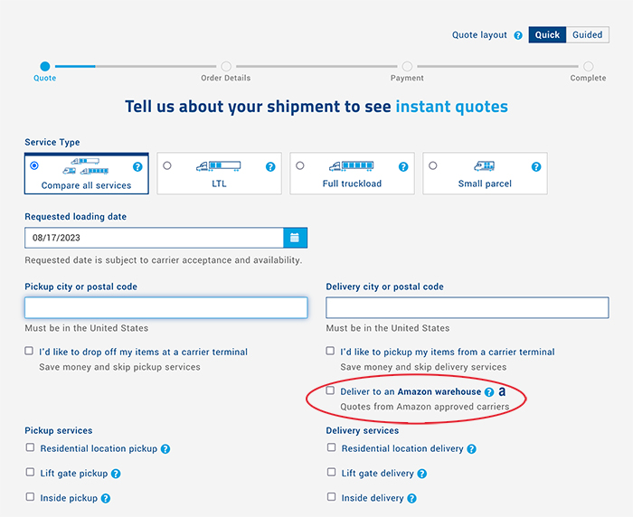 How to ship Amazon FBO in Freightquote's online tool