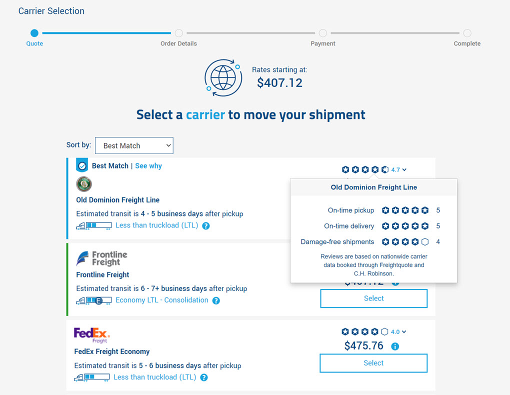 Carrier rating example in Freightquote online quoting tool