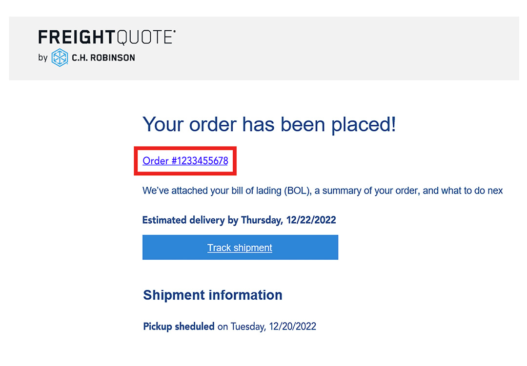 Freightquote order number location screenshot