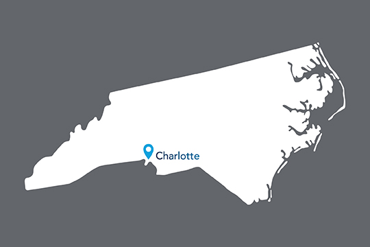 State of North Carolina with Charlotte pinned on the state