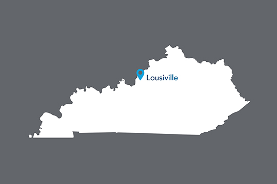 State of Kentucky with Louisville pinned on the state,