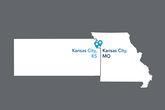 State of Kansas and Missouri with Kansas City pinned on the state